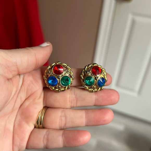 4/$50 Vintage Gold-Tone Clip-On Earrings with Red, Blue, and Green Gems ❤️ - Picture 1 of 7